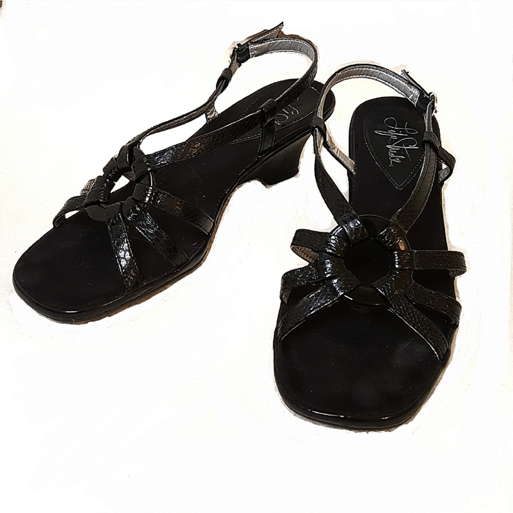 Life Stride Strappy Black Faux Snake Skin Kitten Heels, Size 7M